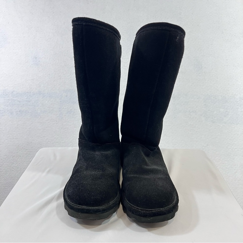 Bearpaw Boots Womens 9 Black Mid Calf Suede Faux Fur Trim Pull On Lace Up - Picture 2 of 10